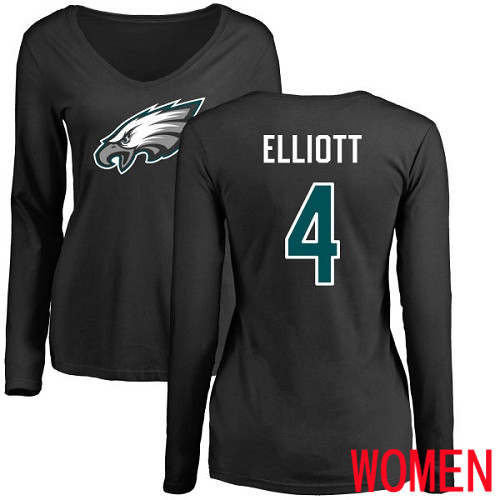 Women Philadelphia Eagles #4 Jake Elliott Black Name and Number Logo Slim Fit Long Sleeve NFL T Shirt.->nfl t-shirts->Sports Accessory